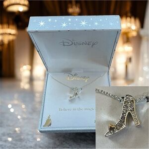 Valentine’s Day Disney Girls Silver Plated Cinderella Necklace, Genuine Crystal